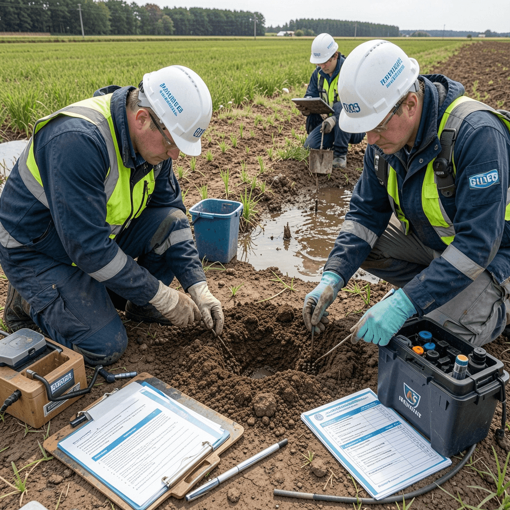 Field survey technicians sampling soil and water for ESIA baseline