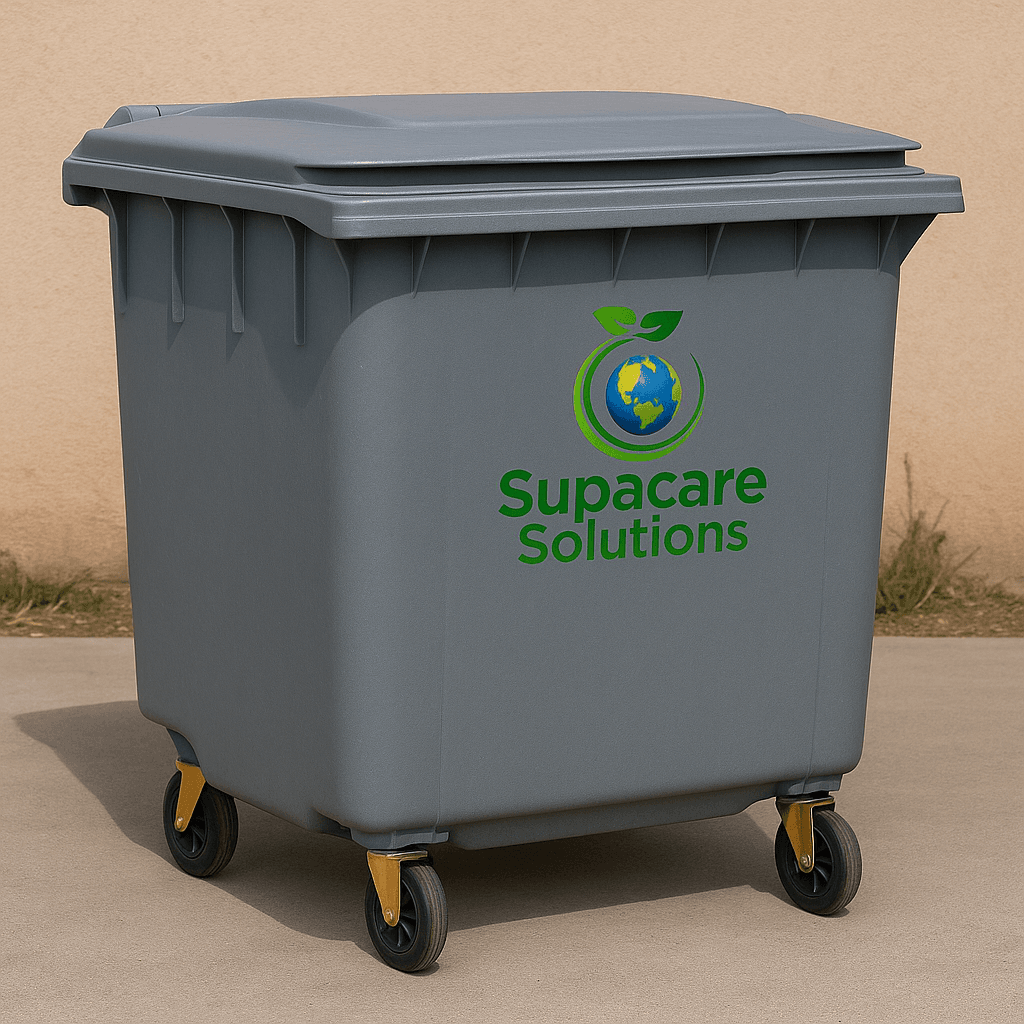1100L grey waste bin branded Supacare Solutions