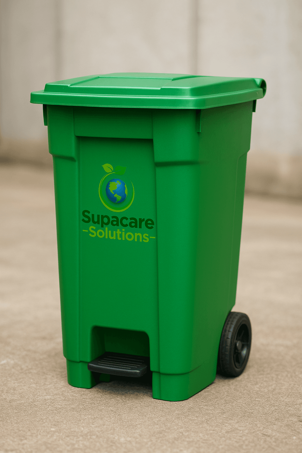 Green 100L pedal waste bin branded Supacare Solutions