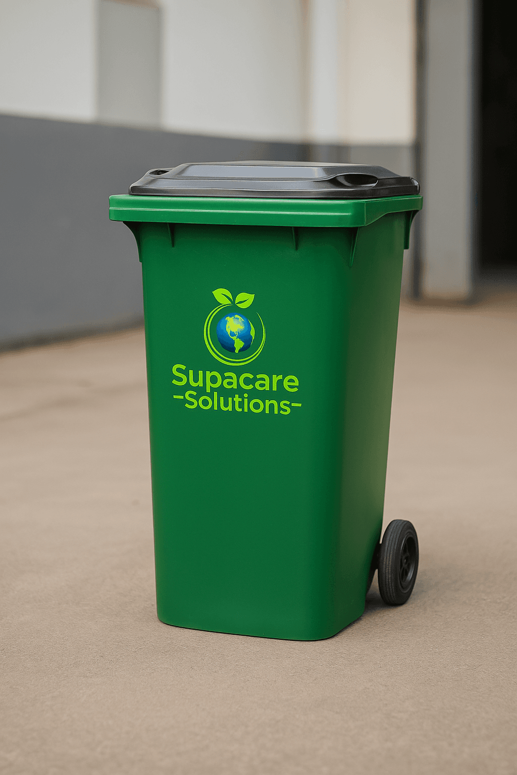 120L black-lidded waste bin branded Supacare Solutions