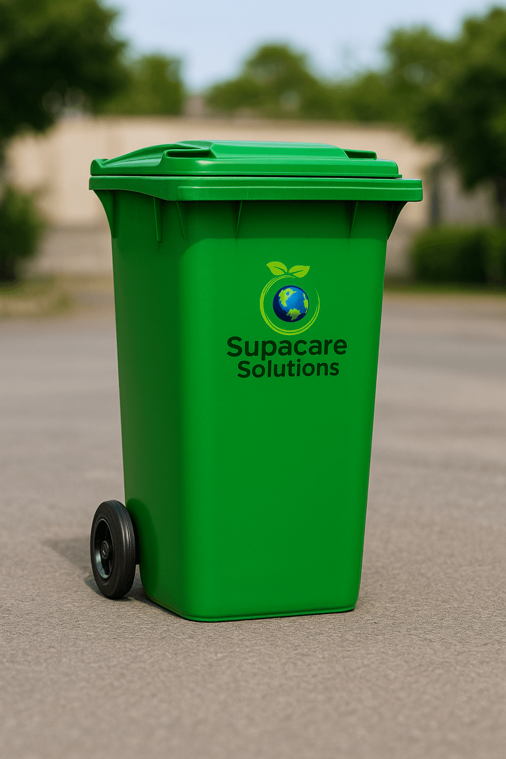 240L green waste bin with Supacare Solutions branding