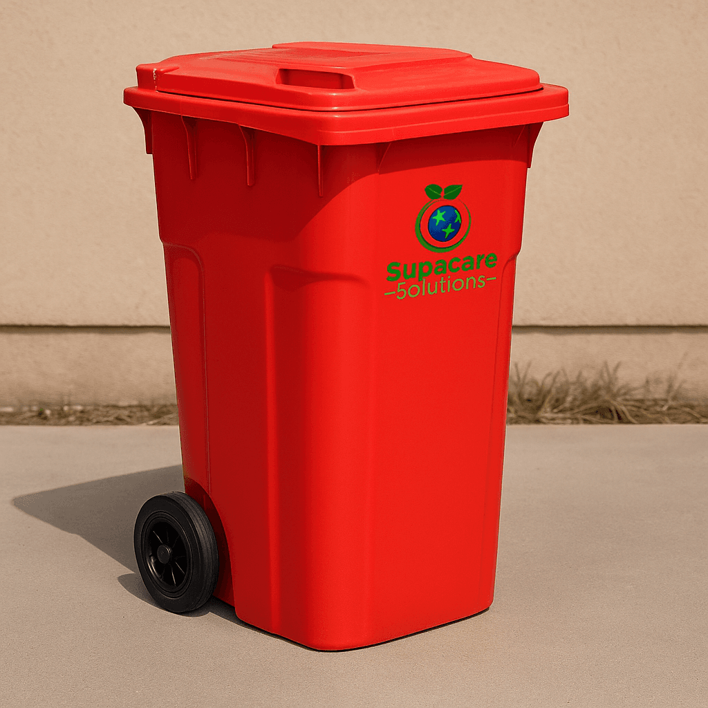 360L red waste bin branded Supacare Solutions