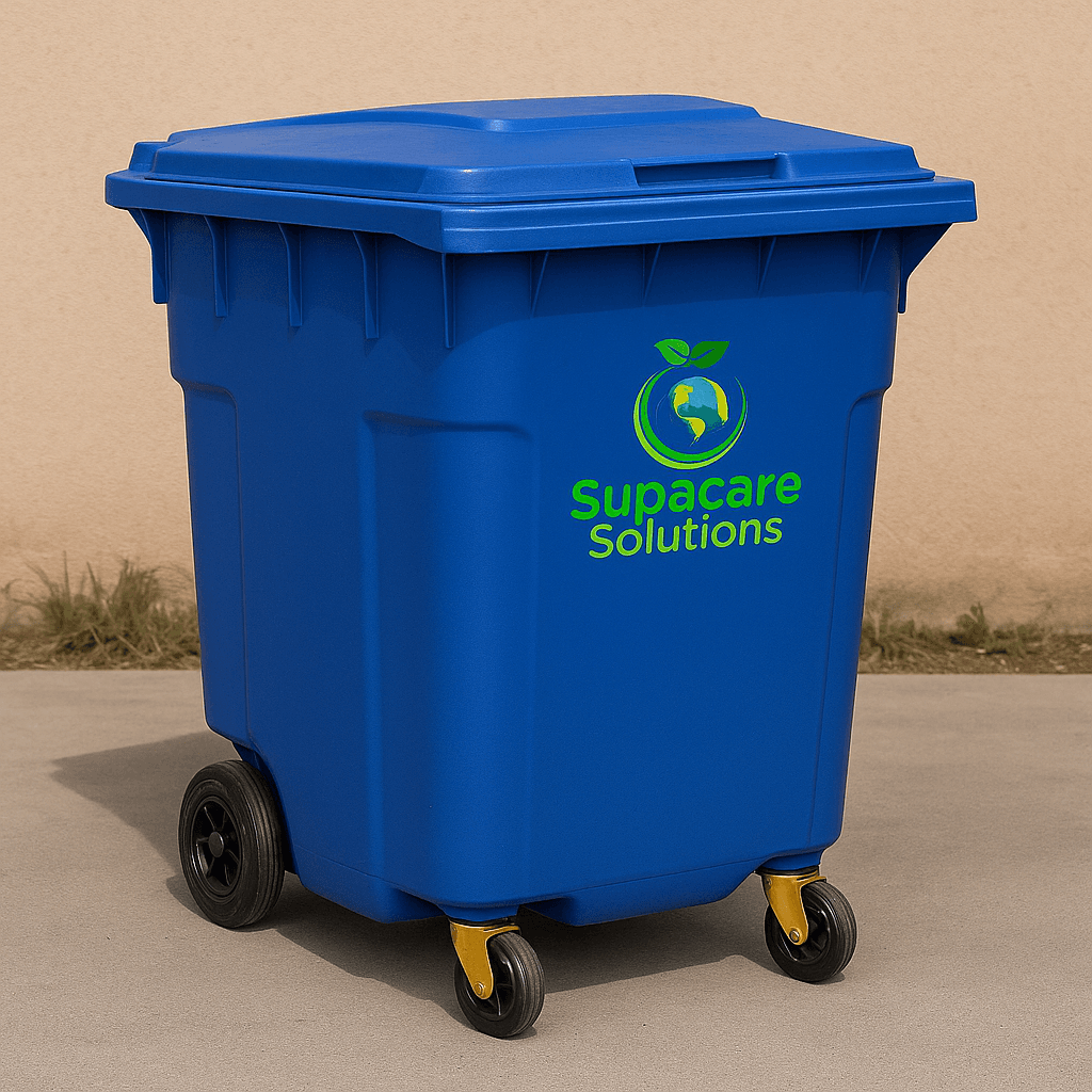 750L blue wheeled waste container branded Supacare Solutions