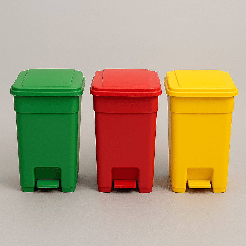 Set of green, red, and yellow pedal waste bins